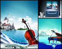 风景/钢琴小提琴风景壁画高清图片