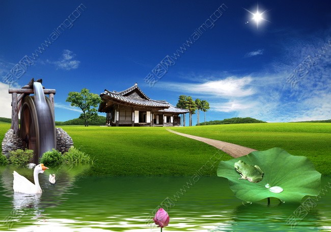 蓝天草地湖水psd分层素材