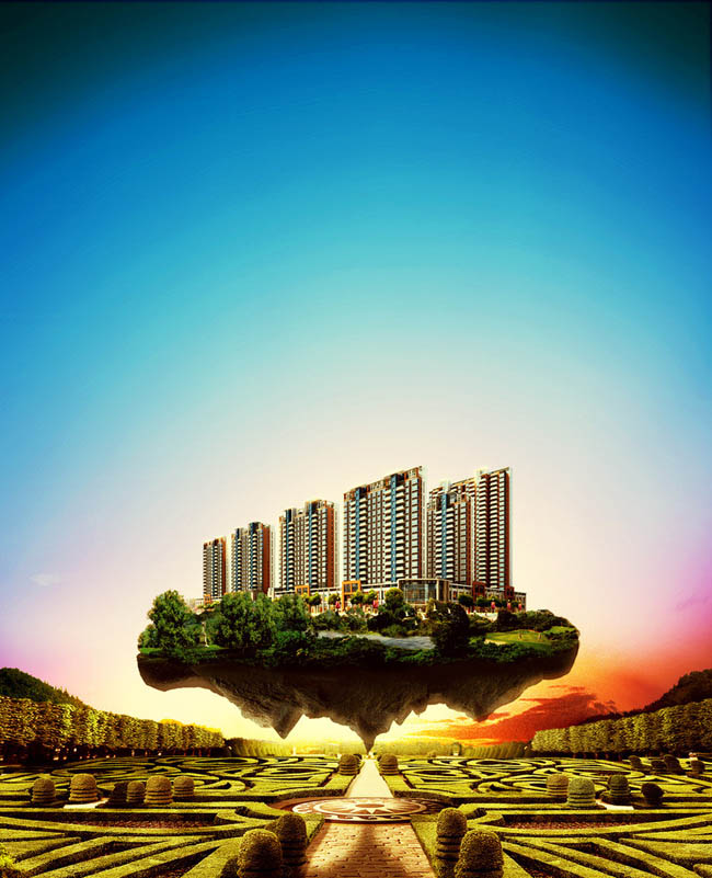 房地产 地产广告 楼盘 岛 悬浮 唯美 天空 园林 朝阳 夕阳 蓝色 绿色 盛大开盘 广告设计模板 地产画面 金色 紫色 尊贵 意境 奢华 建筑 华丽 优美 梦幻 城市中心 欧式 地产DM 园林风格楼盘 园林风格 PSD素材