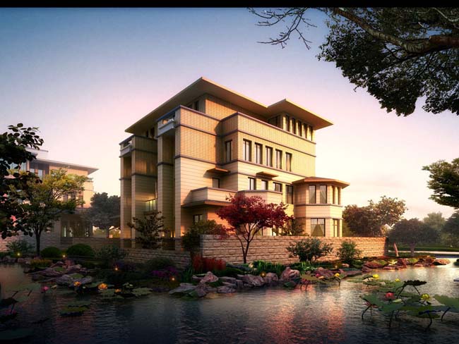 景观别墅楼盘建筑psd素材_欧式效果图 别墅建筑 园林景观设计 池溏 树 环境 景观建筑 景观效果图 荷花 环境艺术设计 环艺设计 楼房 建筑设计 园林景观 环境设计 PSD分层素材
